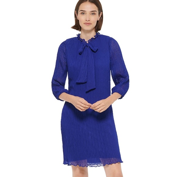 DKNY Women's Long Sleeve Tie Neck Pleated Dress, Berry Blue, 14 - Picture 1 of 14